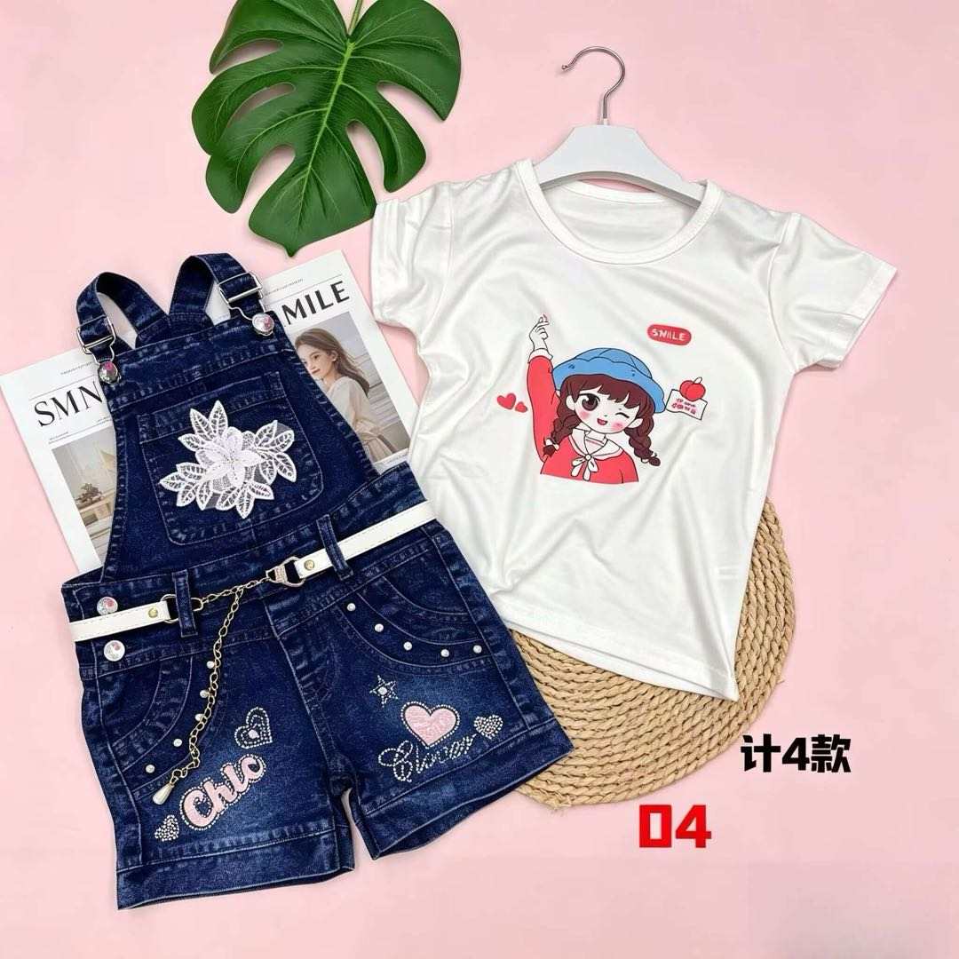 2SET Girls Floral Denim Pinafore Dress Set – Stylish Casual Outfit with T-Shirt  2- 5years