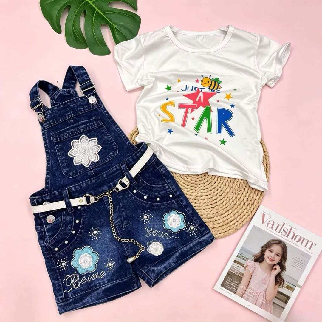 2SET Girls Floral Denim Pinafore Dress Set – Stylish Casual Outfit with T-Shirt  2- 5years