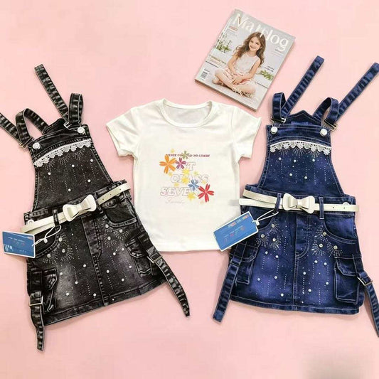 2SET Girls Floral Denim Pinafore Dress Set – Stylish Casual Outfit with T-Shirt  2- 5years