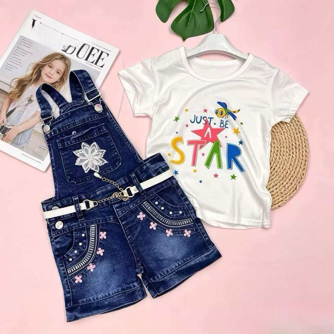 2SET Girls Floral Denim Pinafore Dress Set – Stylish Casual Outfit with T-Shirt  2- 5years