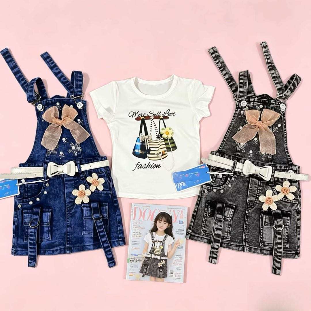 2SET Girls Floral Denim Pinafore Dress Set – Stylish Casual Outfit with T-Shirt  2- 5years