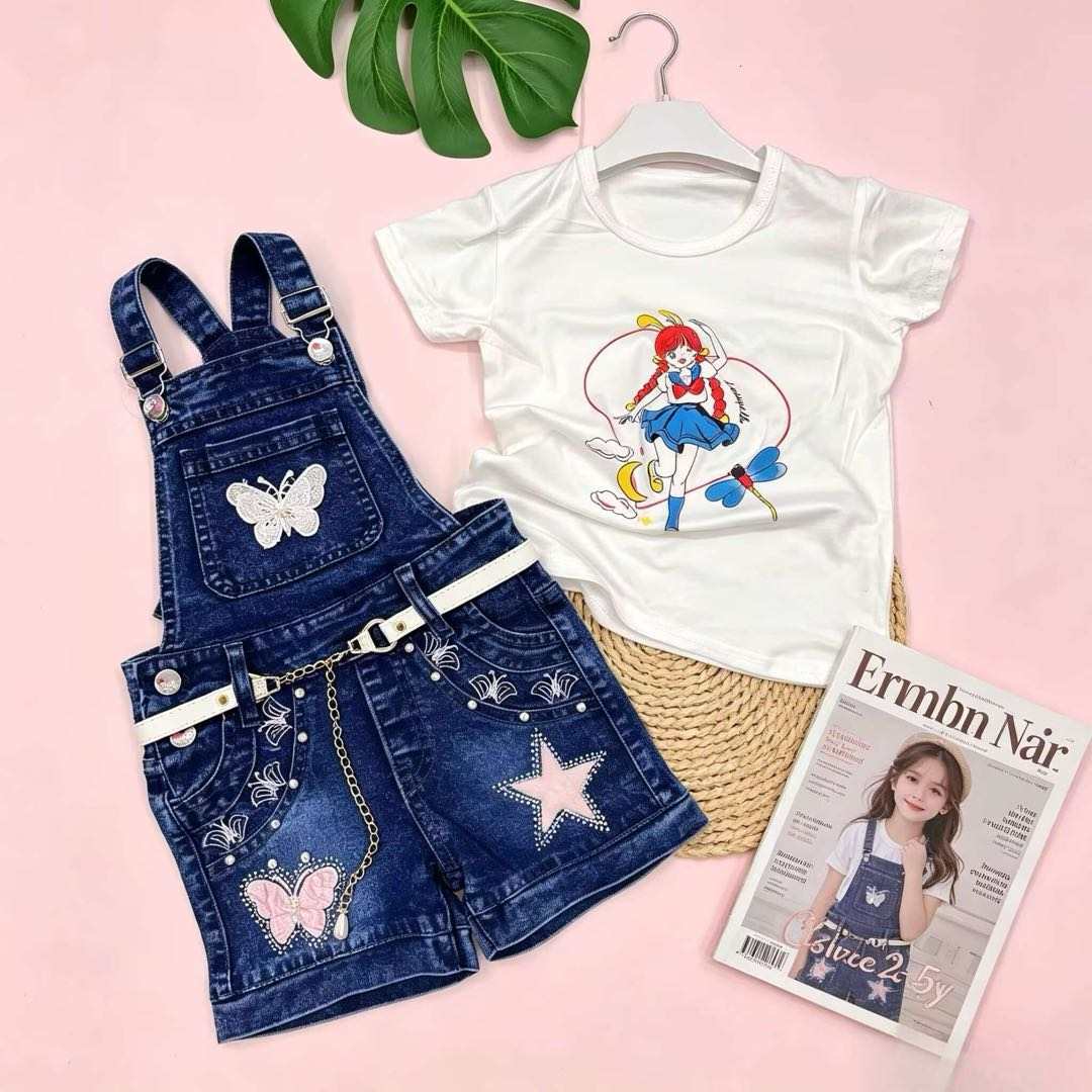 2SET Girls Floral Denim Pinafore Dress Set – Stylish Casual Outfit with T-Shirt  2- 5years