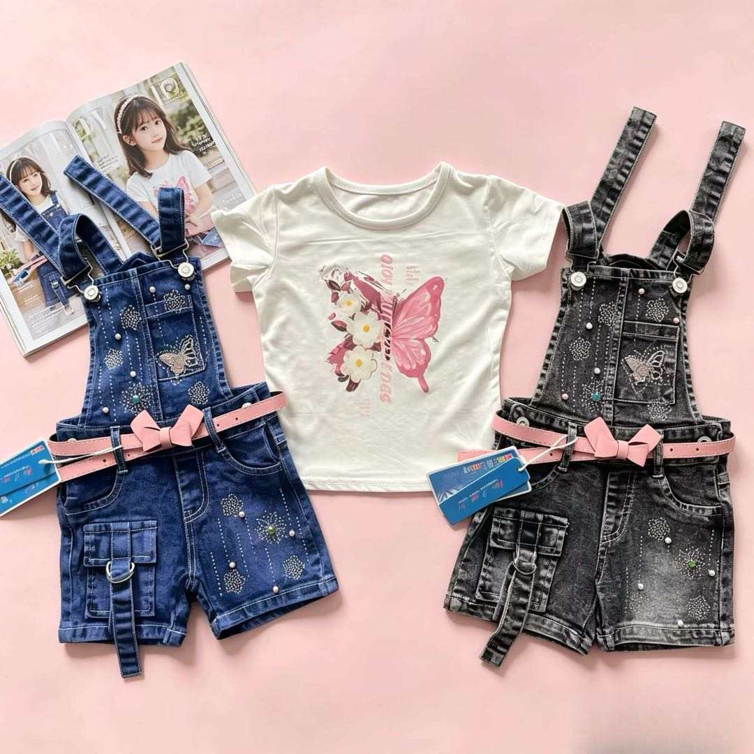 2SET Girls Floral Denim Pinafore Dress Set – Stylish Casual Outfit with T-Shirt  2- 5years