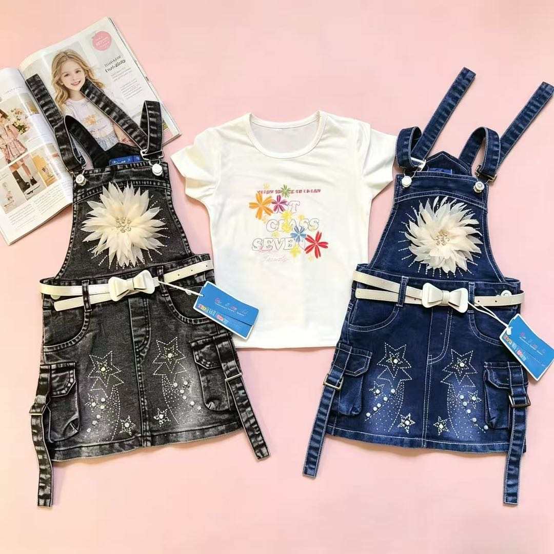 2SET Girls Floral Denim Pinafore Dress Set – Stylish Casual Outfit with T-Shirt  2- 5years