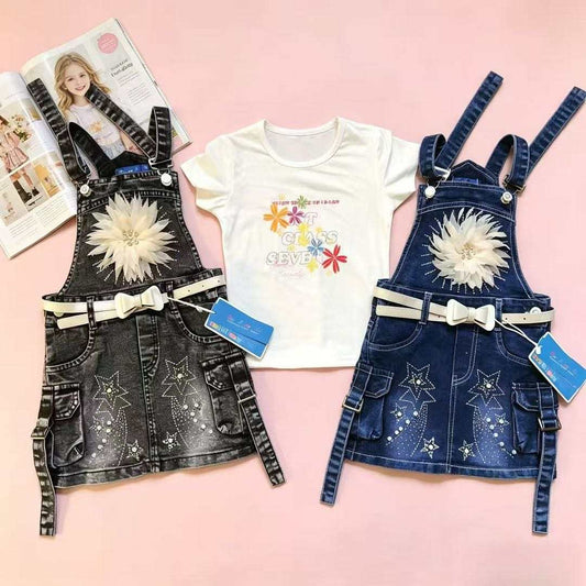 2SET Girls Floral Denim Pinafore Dress Set – Stylish Casual Outfit with T-Shirt  2- 5years